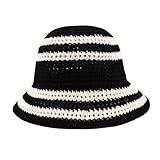 Handmade Crochet Straw Sun Hat Summer Colorblocked Striped Sun Protection Bucket Hat for Women Girl Black