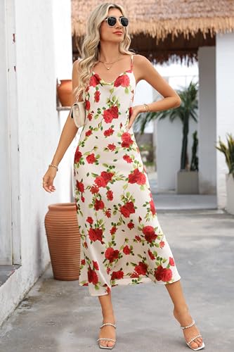 Image of Women's Spaghetti Strap Midi Satin Silk Dresses Slip Cowl Neck Party Cocktail Evening Sexy Dress