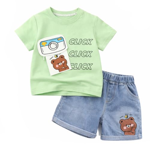 Image of Bold N Elegant Baby Boy Girl Camera Click T-Shirt with Denim Shorts Cotton Co-Ord Set Summer Outfit for Infant Toddler Kids Upto 5 Years