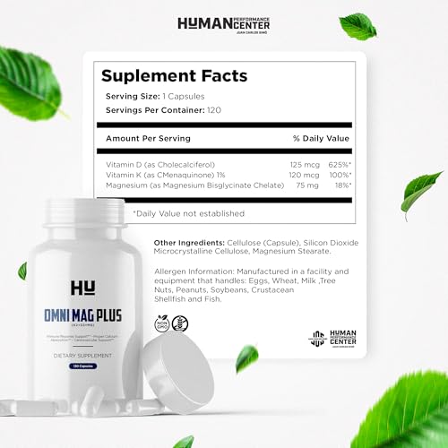 Human Performance Omni MAG Plus - Vitamin D3 K2 Magnesium Supplement - D3 5000 IU with K2 120mcg & Magnesium Glycinate - Bone Density, Heart & Immune Response Support - 120 Veggie Capsules — view 3