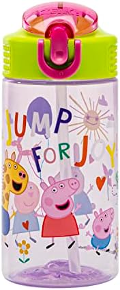 Zak Designs Peppa Pig Kids Water Bottle For School or Travel, 16oz Durable Plastic Water Bottle With Straw, Handle, and Leak-Proof, Pop-Up Spout Cover (Peppa & Friends)