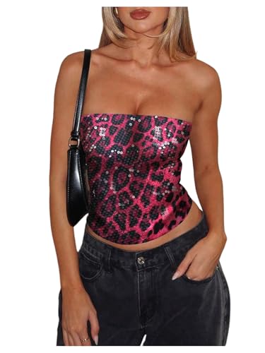 RoseSeek Women's Leopard Cheetah Sequin Strapless Tube Top Glitter Sleeveless Bandeau Crop Tops Night Out Clothes Pink Small
