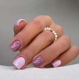 24Pcs Short Press on Nails Square Fake Nails Purple Glitter Glue On Nails Cute Pink Acrylic False Nails Short Coffin Artificial Nails Full Cover Glossy Stick on Nails for Women Girls Daily Wear Decor