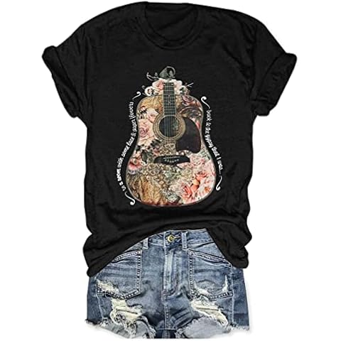 Women Vintage Rock Band T Shirts Flower Guitar Country Music Short Sleeve Summer Tops Funny Graphic Tees(Black,XL) Cover