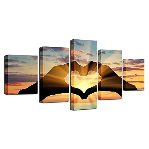 Sunysuby 5Pcs/Set Cozy Sunrise Sunset Hand Love Shape Sign Abstract Modern Large Framed Canvas Wall Art Oil Painting Artwork On Stretched Canvas Print Painting Décor Picture Decoration For Home Bedroom Living Dining Room Office Ready To Hang(Sunset Love, W50" X H24") #TOP1