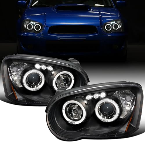 Ronnin - Fits 2004-2005 Subaru Impreza Upgrade LED Dual Halo Rims Projector Halogen Headlights Assembly Pair | Black