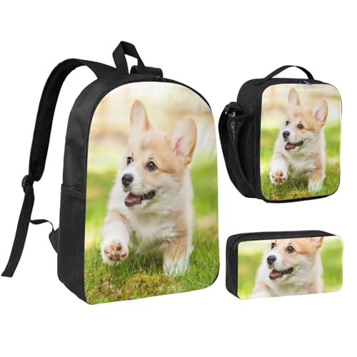 Sac à dos d'écolier motif chiot Corgi avec kit lunch box et trousse