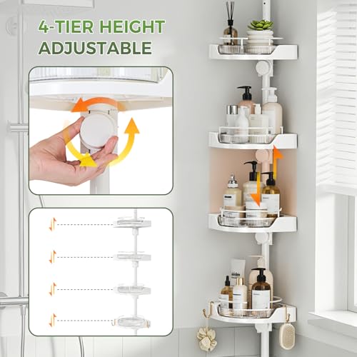 Image of akinbas 360 Rotating Shower Caddy Tension Pole with 4-Tier Rustproof Lazy Susan 35-128 Inch No Drilling Coner Shelves Adjustable Shower Rack for Bathroom Bathtub Washbasin Plant Storage (White)