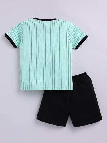 Image of LITTLE NINJA Pure Cotton Knee Length Half Sleeve School Bus Printed Tee & Shorts Set - Sea Green 0-6M