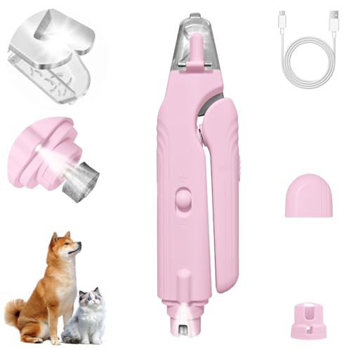 GLOWLY SUN 2-in-1 Dog Nail Clippers and Cat Nail Clippers with Light, Quick Sensor and Safety Guard, USB Rechargeable Pet Nail Trimmer with 2 LED Lights for Large Medium Small Dogs and Cats (Pink)
