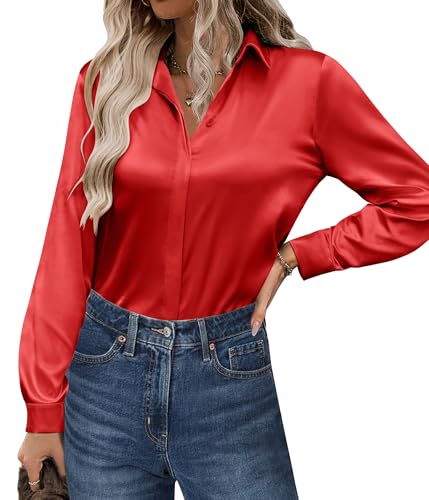 Zeagoo Womens Long Sleeve Button Down Shirt Silk Satin Casual Blouse Business Top Red