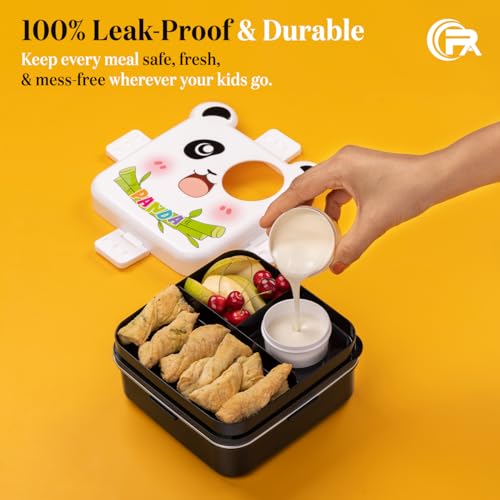 Image of Primalite Kids Panda Theme Stainless Steel Bento Lunch Box for School, 3-Compartment, Sauce Jar & a Spoon, Leak-Proof with Seal Ring Design & Multiple Lock-Design Tiffin, Air-Tight- 1100ML- White