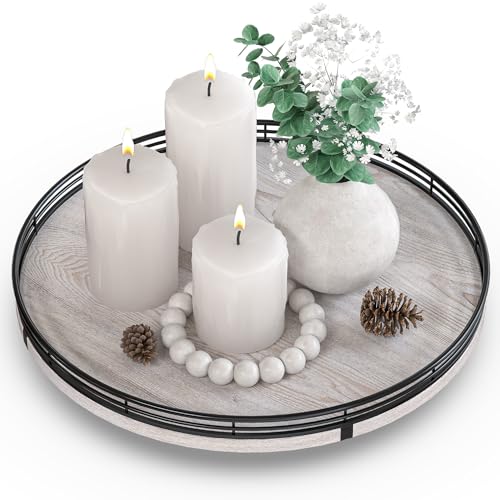 Image of 13 inch Oak Bathroom Vanity Tray Turntable for Perfume Candle, Round Wooden Decorative Tray for Kitchen Sink Countertop Organizer, Bathroom Counter Organizer for Skincare Makeup, Rustic Whitewashed