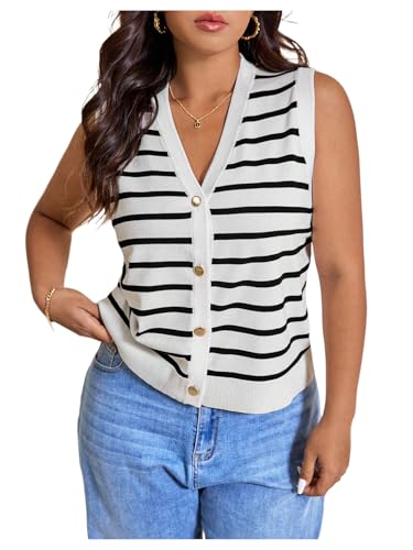 Verdusa Women's Plus Size Old Money Vest Tops 2025 Striped Sleeveless Button Up Sweater Vests