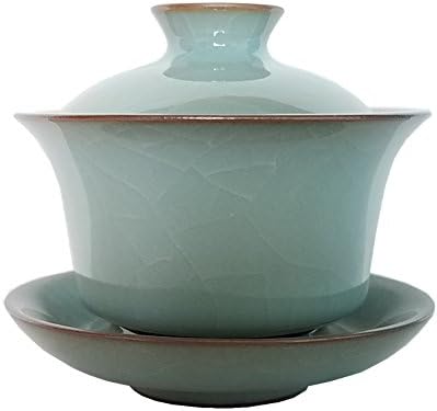 Gaiwan Kung Fu Teacups with Lid 5-Ounce Teacup and Saucer Set Glazed Crack Porcelain Chinese Celadon(Grey Grack)
