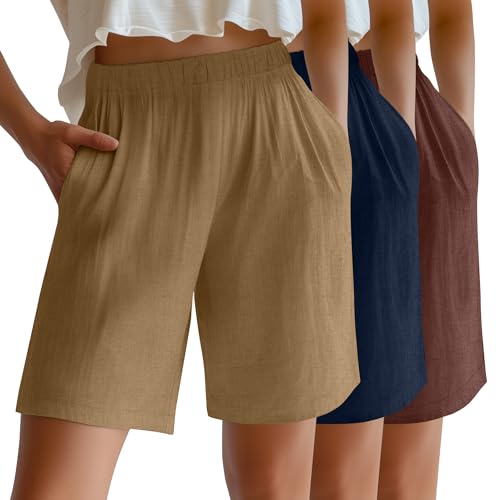 Riyiper 3 Pack Women's Linen Shorts Elastic High Waist Bermuda