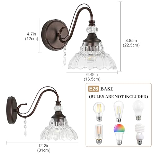 Image of 1 Piece Oil Rubbed Bronze Finish Wall Sconce, 1-Light Modern Wall Sconce with Hanging Crystal Accents and Flower-Shaped Clear Shades for Bathroom Bedroom Living Room,Modern Vanity Light