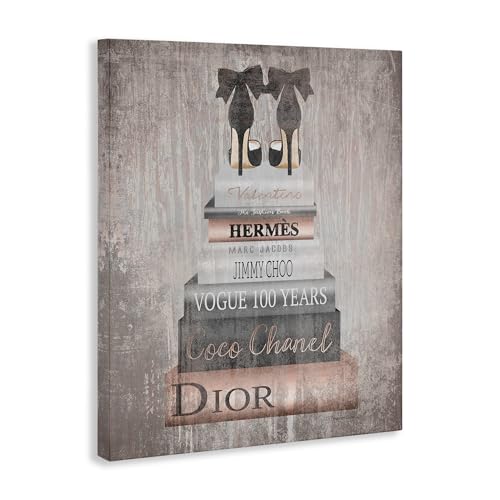 Image of The Stupell Home Decor Collection Book Stack Heels Metallic Pink Stretched Canvas Wall Art, Multicolor (Pack of 2)