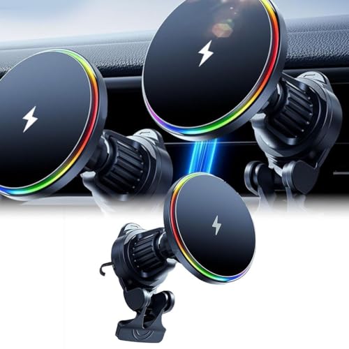 URPIZY Caricatore da auto senza fili con illuminazione RGB 15 W ricarica rapida per iPhone 16/15/14/13/12 e Android (Samsung serie S/Note), adatto per prese d'aria, nero