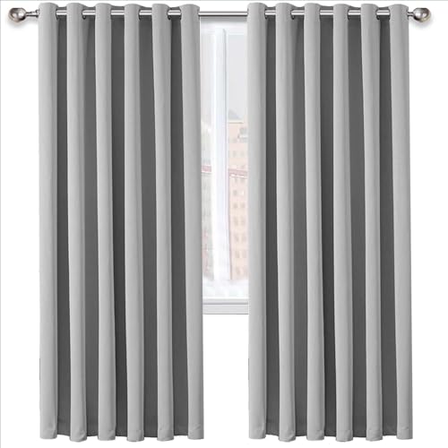 Oxford Homeware Blackout Curtains for Bedroom 46x54 Inch Light Grey Curtains Thermal Insulated Eyelet Curtain 2 Panels with Tie Backs