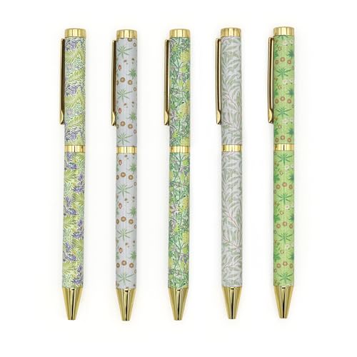 William Morris Ballpoint Pens, Set of 5 Twist-Action Black Ink Pens in Gift Box, Mixed Green & Blue Floral Designs - Image 2
