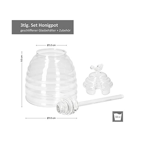 MamboCat 3 teiliges Set Honigtopf mit HoniglÃ¶ffel und Deckel I Glas TÃ¶pfchen zum Servieren von Ahornsirup I Glasdeckel mit Deko Bienchen und Aussparung fÃ¼r SpirallÃ¶ffel I Honig Glas 400ml – Bild 5
