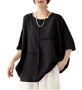 COWOKA Women's Loose Cotton Linen T-Shirt Short Sleeve Tops Round Neck Bat Shirt Solid Colour Shirt