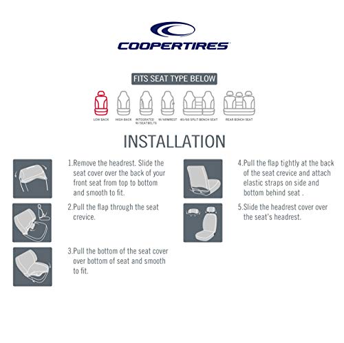 Cooper Tires Waterproof Car Seat Covers, Tire Tread Design, Low Back, PU Leather & Polycloth Fabric, Airbag Compatible, Fit for Most Cars, Trucks, SUVs and Vans - Thumbnail 2