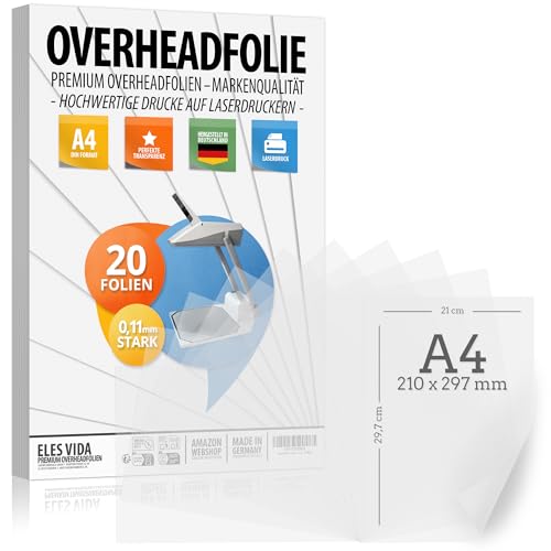 20 Blatt Overheadfolie PEMIUM - DIN A4 transparent - Für LASERdrucker, Kopierer - OHP Folien extra dick - Hochwertige Druck- und Projektions-Qualität - MADE IN GERMANY