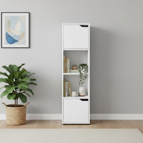 INDE MOBLEKIT | Étagère cubique à 4 Compartiments et 2 Portes, 30 x 29 x 120 cm, en Bois Blanc, Meuble d'appoint de Cuisine ou bibliothèque étroite pour...