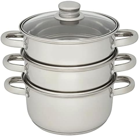 wilko 3-tier Stainless Steel Steamer, Encapsulated Base, Handles on Each Tier, Works with Most Hob Types, Easy to Clean