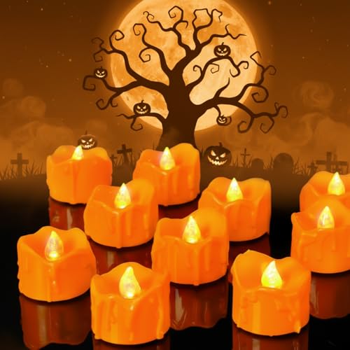Image of 12 Pcs Orange Melting Tea Light Candles Battery Operated with Timer | Warm White Flickering Tealight, Battery Includes Last for 100+ Hours, for Thanksgiving Fall Autumn