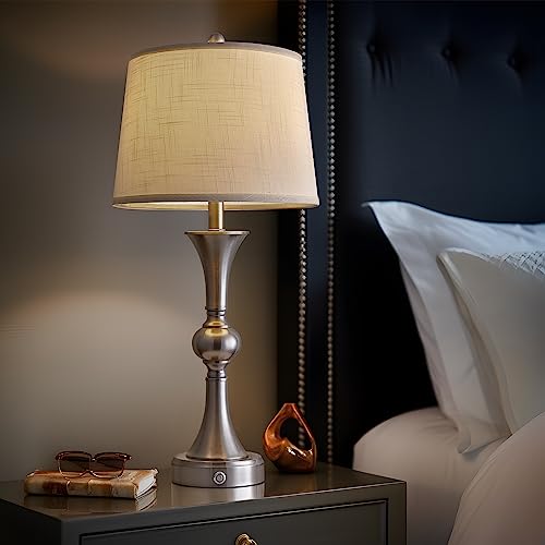 Oneach 3 Way Dimmable Touch Control Table Lamps For Living Room With Usb Charging Port 28” Modern Industrial Nightstand Lamp For Bedroom Bedside Table Lamp Set 2 With Linen Shade Sliver(Bulb Included) #TOP4