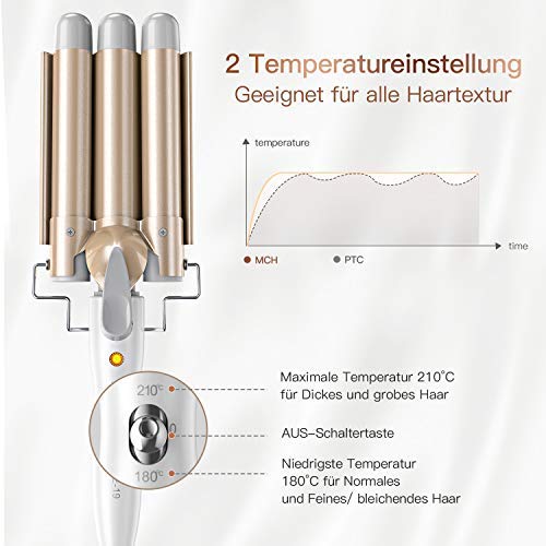 Foto von BESTOPE PRO Lockenstab 3 Fässer Welleneisen für Große Locken - Lockenstab mit Temperatureinstellung Beach Waves Turmalin Keramik Curling Iron Schnelle Erwärmung Lockenwickler für Lange/kurze Haare