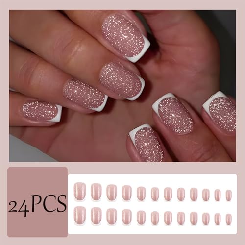 24Pcs White French Tip Press on Nails Medium Square Fake Nails with Silver Glitter Designs Full Cover Stick on Nails Nude Pink Bling Glitter Artificial Acrylic Glue on Nails False Nails for Women Girl