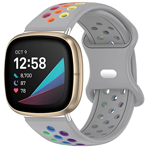 Geageaus Pulsera Rainbow compatible con Fitbit Versa 3/Fitbit Sense, reemplazo deportivo de silicona suave para Fitbit Sense Mujer Hombre (gris/Rainbow)