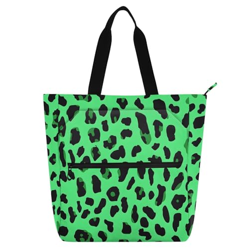 Green Leopard Skin Print Tote Bag for Book Lovers Reusable Bags with Zipper Pocket for School Work Shopping
