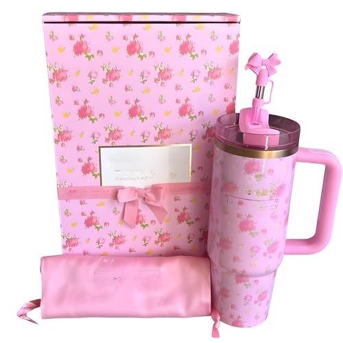 Love Shack Fancy Quencher Tumbler 40 oz Quencher H2.0 with box.40oz Tumbler with Handle,Double Wall Vacuum Reusable Stainless Steel Insulated Water Bottle With Leak Proof lid Straw (1, Pink 40oz)