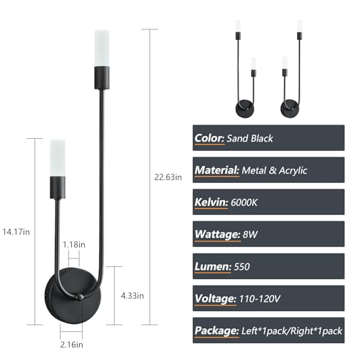 Image of Black Wall Sconces Set of Two U Shape 2 Light 6000K LED Wall Sconce Dimmable Bathroom Sconces Modern Sconces Wall Lighting for Bedroom Hallway Wall Light Fixtures Indoor