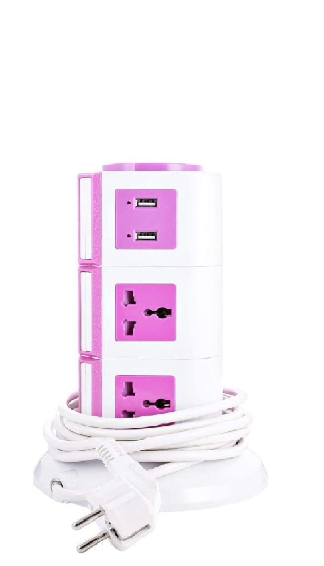showkah® Vertical Multi Socket Tower Extension with 2 USB Ports 3M Cord and UK/UAE-Plug Power Strip Multi Charging Station Pink/White (3 Layer)