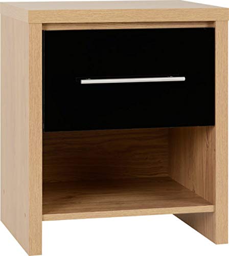 Kelsey Stores Seville 1 Drawer Bedside Cabinet Chest Side Table Nightstand (Black High Gloss/Light Oak)