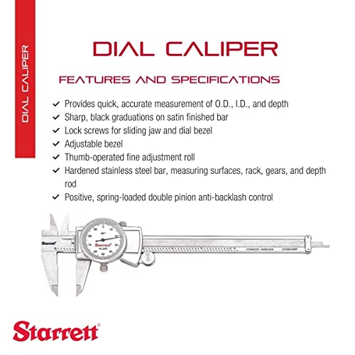 Starrett Dial Caliper With Adjustable Bezel And Fitted Case - White Face, 0-6" Range, +/-0.001" Accuracy, .001" Graduations - 3202-6 #TOP1