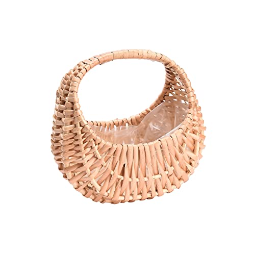 NNXHWY Half Moon Shaped Basket,Wicker Rattan Flower Basket with Handle,Wedding Flower Girl Baskets,Wicker Picnic Basket with Plastic Insert,Portable Flower Arrangement Basket(#1)