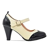 Chase & Chloe Dora-2 Women's Round Toe Two Tone Mary Jane Pumps (8 B(M) US, Black/White)