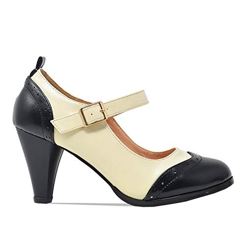 Chase & Chloe Women's Round Toe Two Tone Mary Jane Pumps Dora2 Black/White 8