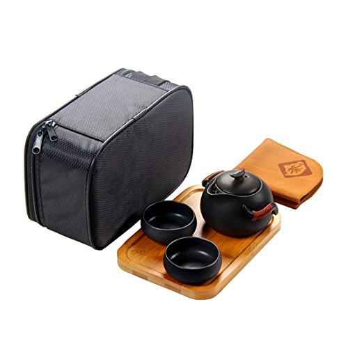 Tea Talent Chinese & Japanese Portable Travel Kungfu Tea Set - Porcelain Teapot & Teacups & Bamboo Tea Tray & Tea Towel With Handbag, Black #TOP19