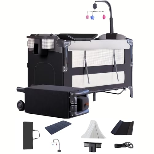 Nine point nine Cuna de Viaje con Cambiador, Cómodo y Resistente Cuna de Viaje Bebe con Colchon, Altura Ajustable Travel Cot, Plegable y Móvil Parque Cunas Bebe (6602 Black Without Net)