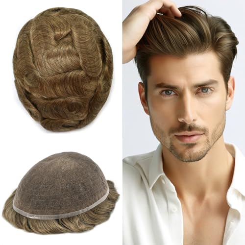 HD Lace Mens Toupee Human Hair Systems Man's Hairpieces French Lace Male Hair Repalcement Hair Pieces For Man (#1710 Dark Ash Blonde Mixed 10% Grey, 8"x10"-100% Light to Medium Light Density)