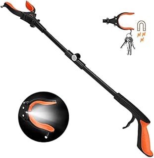 Kekoy Extendable Grabber Reacher Tool with Headlight, 32 inch Foldable Lawn Trash Picker Upper Grabber, 90° Rotating Anti-Slip Jaw, Heavy-Duty Stick, Portable Claw Grabber for Elderly(Orange
