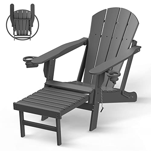 Briopaws Folding Adirondack Chair With Ottoman, Weather Resistant Hdpe Patio Chairs W/Cup Holders & Retractable Footrest For Poolside Lawn Fire Pit Deck Outdoor Porch Campfire, Grey, 1 Pack #TOP15